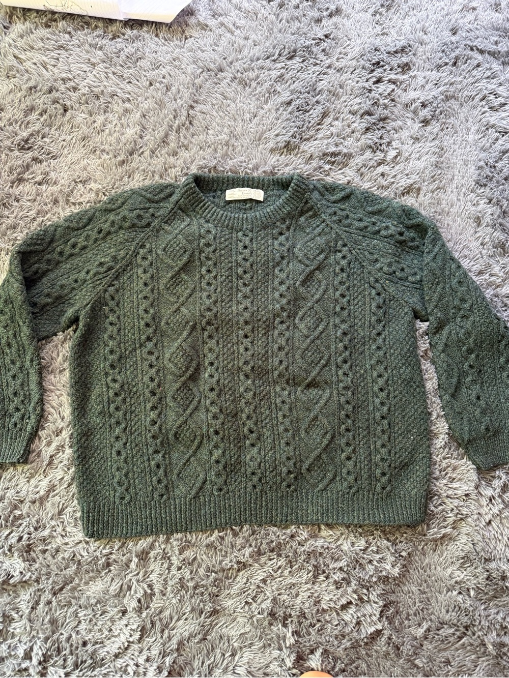 Athena Designs Irish Handkniz PURE WOOL Vintage Dark Green Cable Knit Sweater